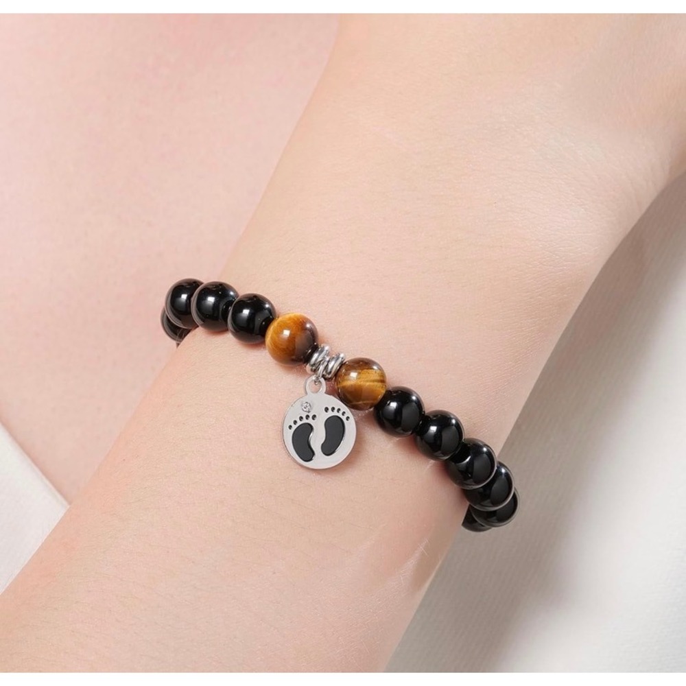 New Dad Gift Footprint Pendant Bead Bracelet Mens Black Obsidian Tigers Eye - Picture 4 of 7